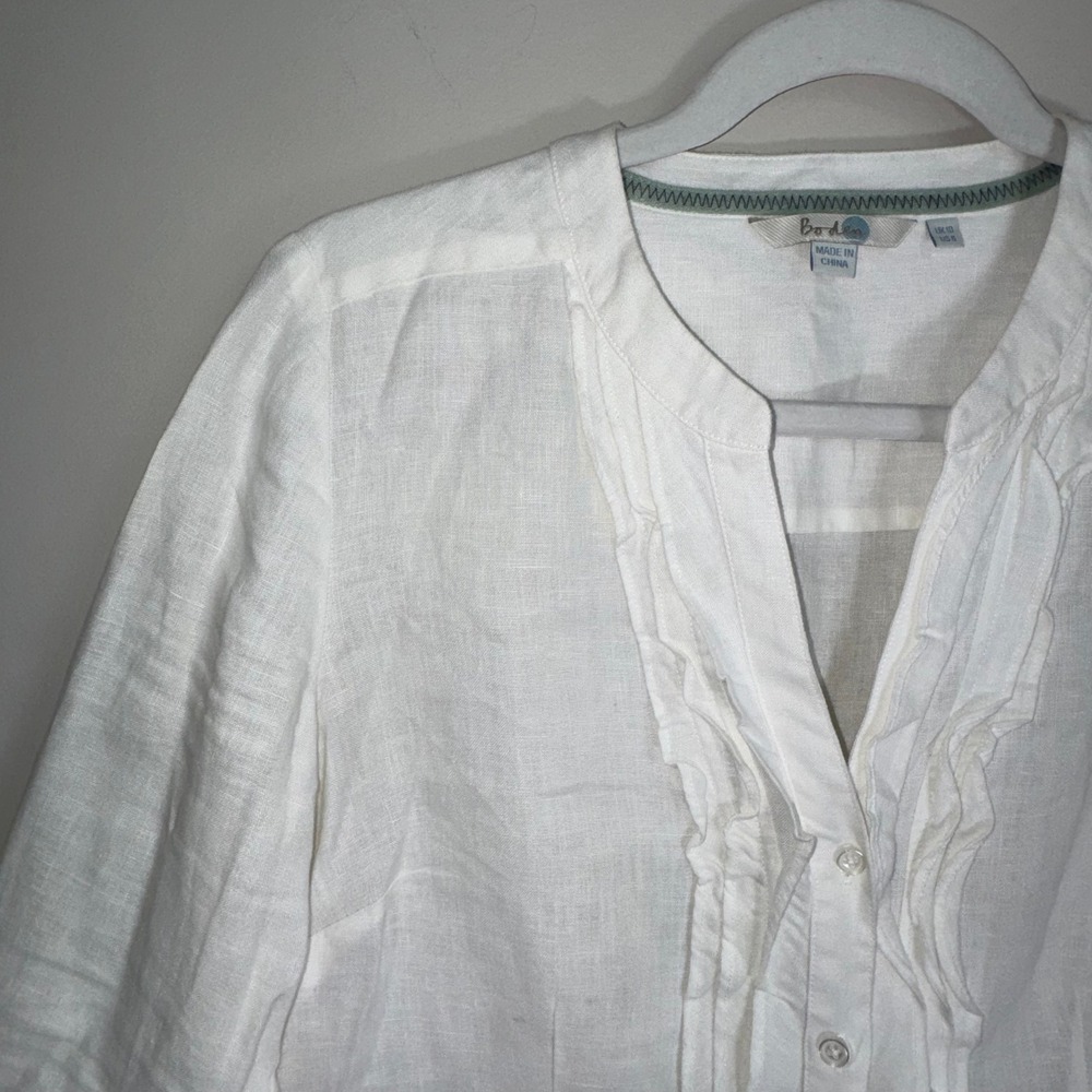 Boden White 100% Linen Ruffle Front Roll Tab Sleeve Blouse Womens US 6 UK 10 - Picture 2 of 14